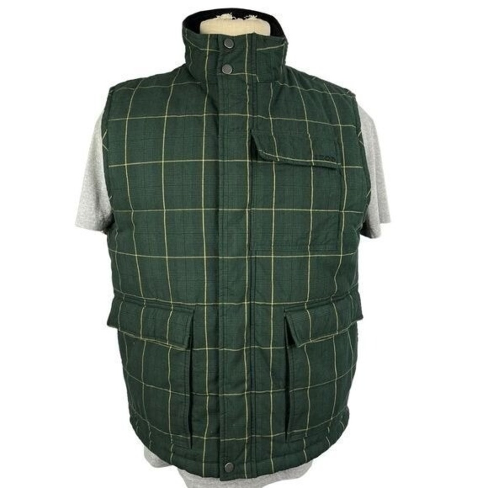 IZOD Vest Mens L‎ Green Plaid Quilted Puffer Snap Pockets Zip Front